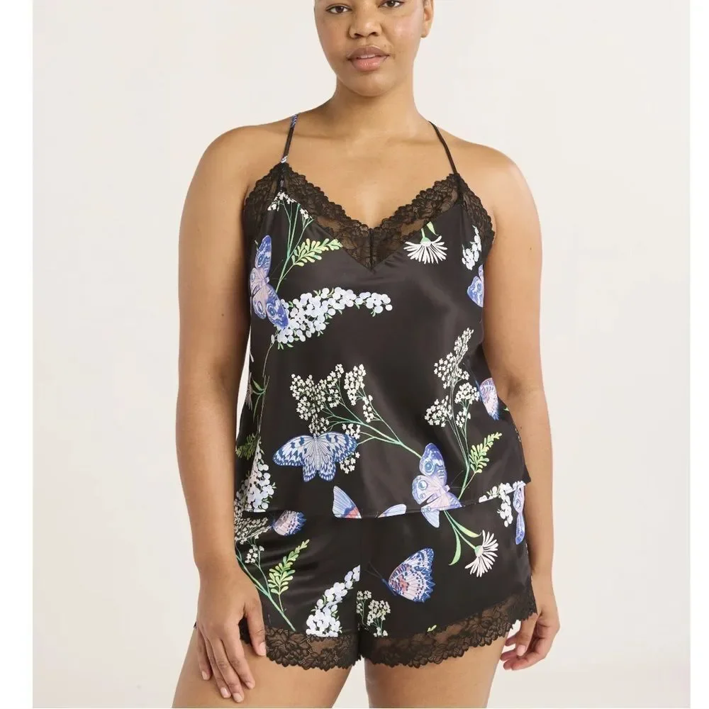 Floral Butterfly Print Black Sleepwear Set Sz L